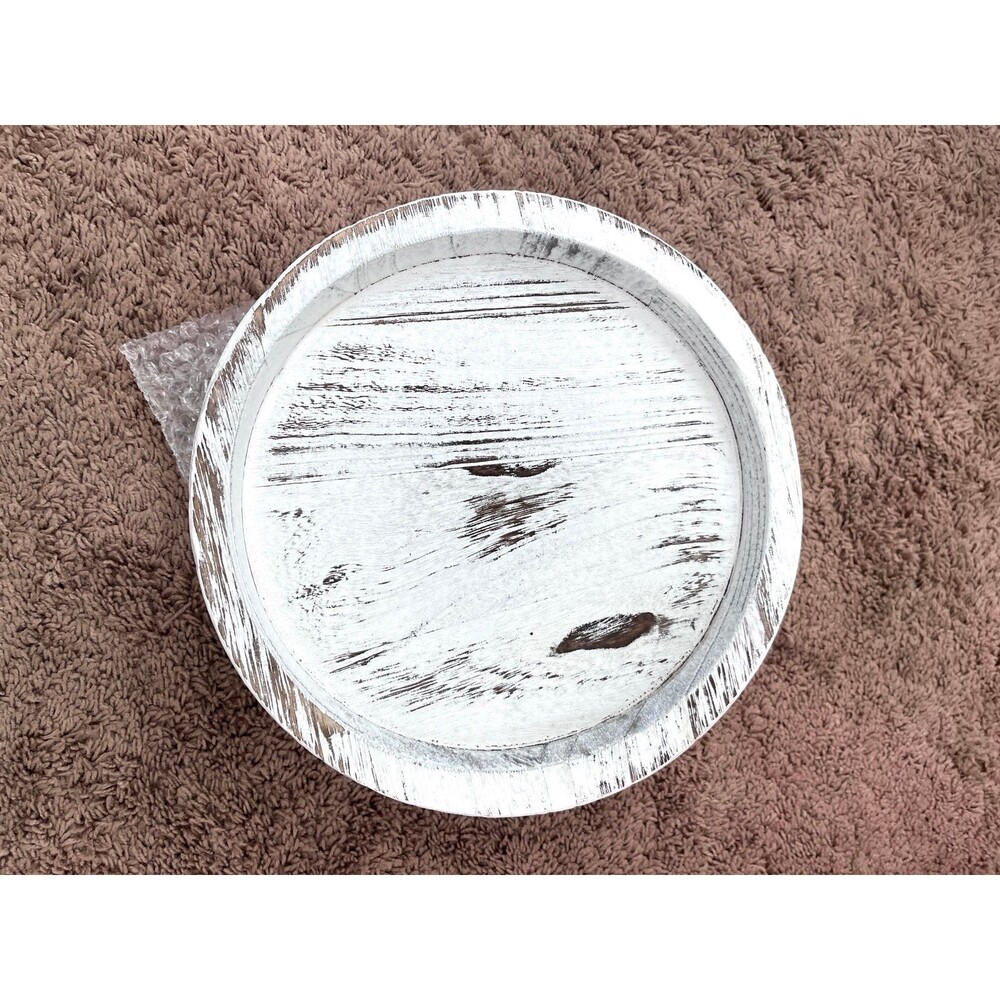 Set of 4 White Distressed Round Wooden Trays 11 Inch Farmhouse Decor New